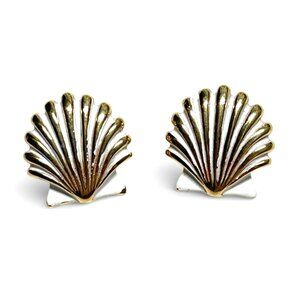 Vintage Monet Gold Tone Seashell Clip On Earrings Signed Nautical White Accents